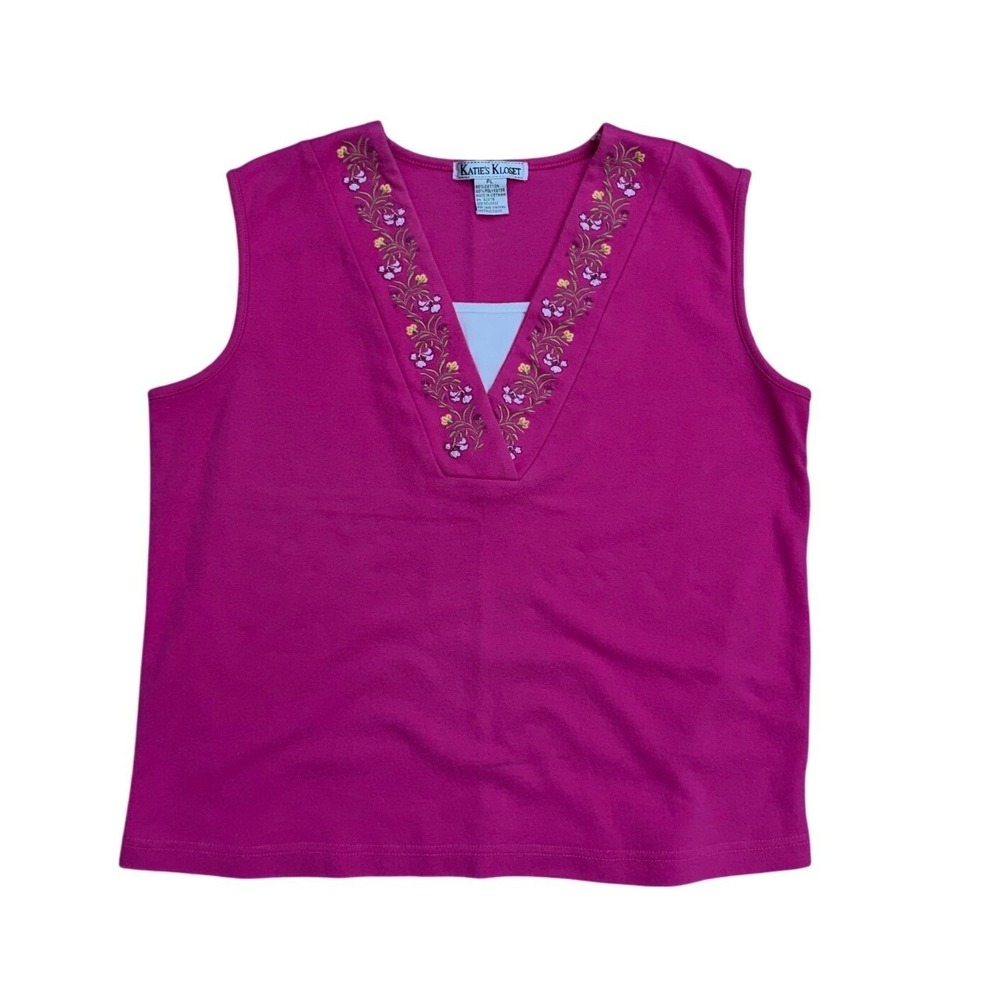 Katie's Kloset Vintage Magenta Pink Embroidered Floral V-Neck Sleeveless Top y2k